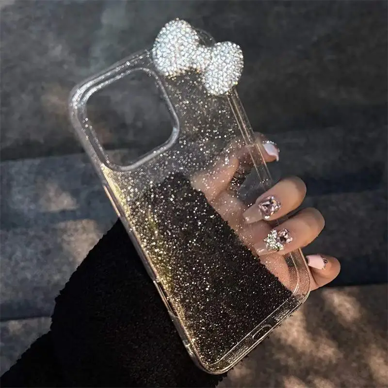 Funda de teléfono transparente de lujo con purpurina y lazo de diamante 3D para iPhone 16 17 Pro Max 15 14 13 12 11 Pro 7 8 Plus 17Air, funda suave - imagen 5