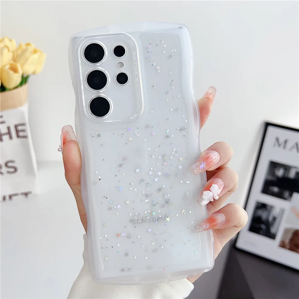 S24 Ultra Glitter estrellas lentejuelas borde ondulado funda transparente para Samsung Galaxy S24 S23 S22 S21 S20 Plus Ultra S20FE Note 20 funda suave - imagen 3