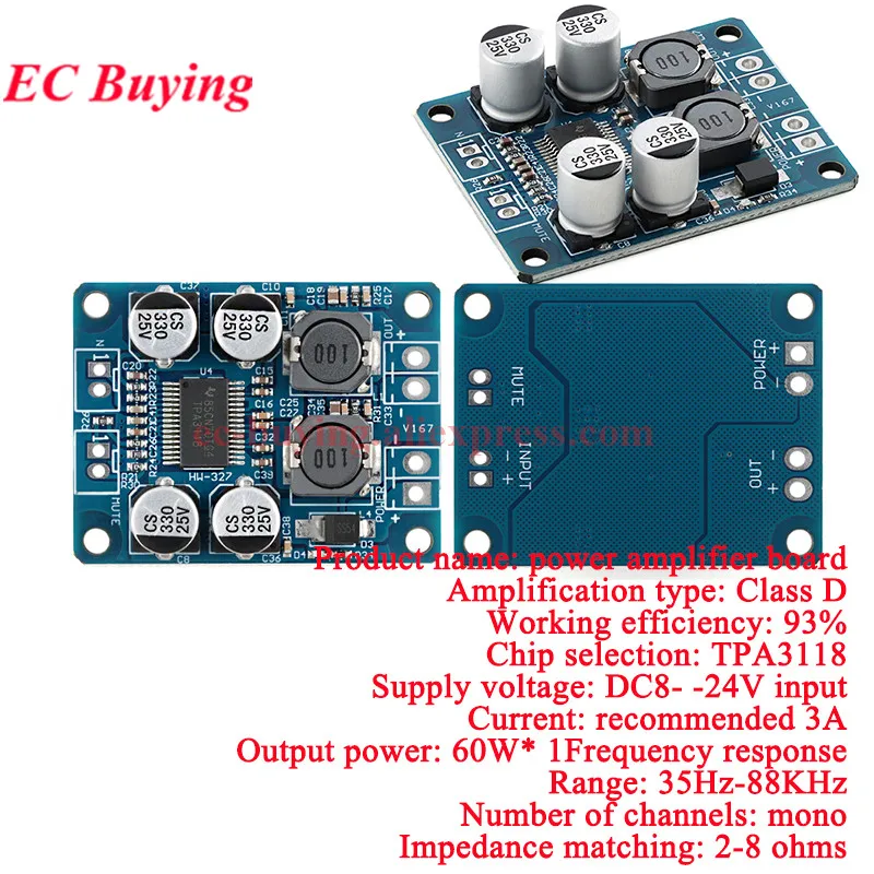 10 uds/1 unidad TPA3118 PBTL 60W Mono módulo de placa amplificadora de Audio de potencia Digital DC 8-24V para Arduino de doble canal 2*45W 30W XH-M314 - imagen 2