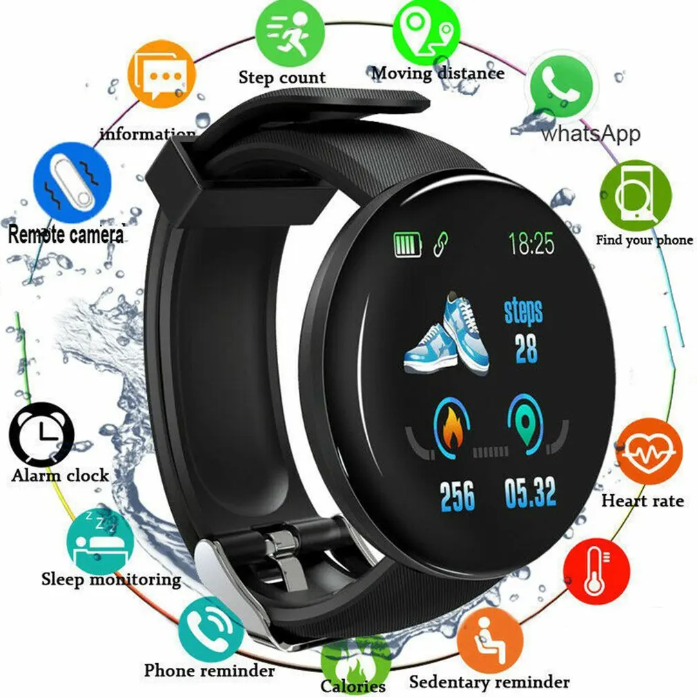 Reloj inteligente D18S para hombre y mujer, Monitor de ritmo cardíaco y presión arterial, podómetro, relojes de moda, reloj inteligente deportivo resistente al agua