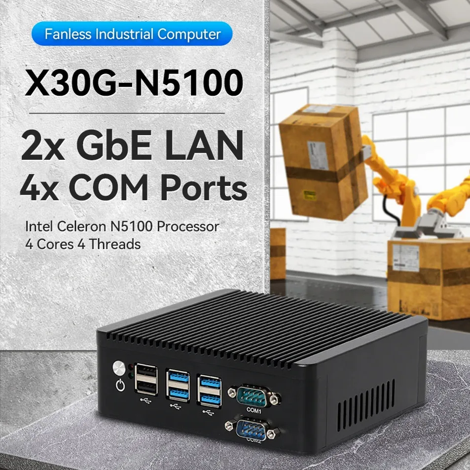 Helorpc Mini PC industrial con Inter Celeron N5100 compatible con computadora sin ventilador DDR4 con 4xUSB3.0 2xUSB2.0 1xHDMI 1xVGA 4xRS232