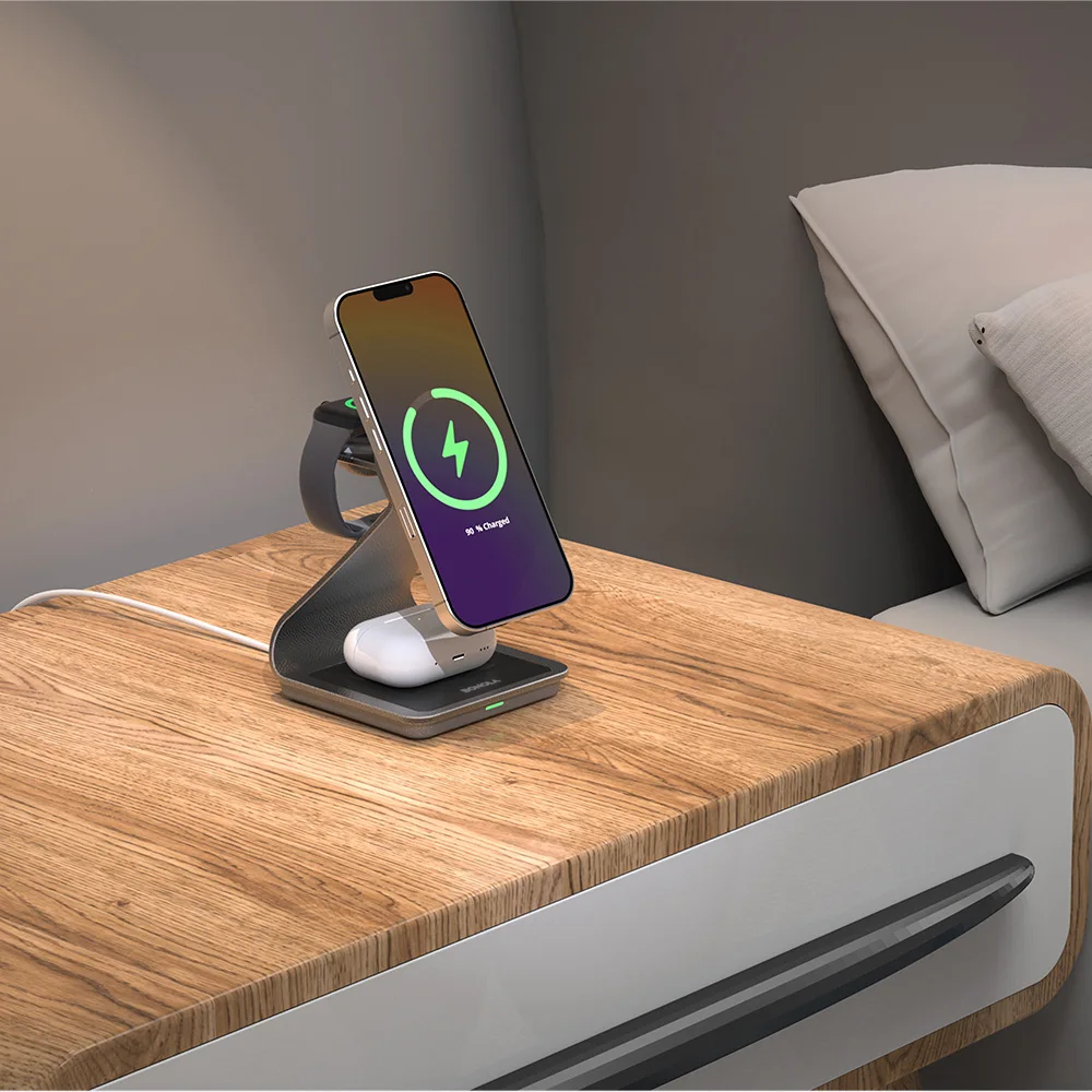 Bonola Estación de carga 3 en 1 para iPhone 17/16/15/14/13 Base magnética Soporte de cargador inalámbrico de metal para Apple Watch/AirPods Pro - imagen 5