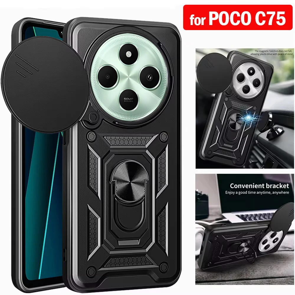 Funda Armor para POCO C75, Funda deslizante para lente de cámara, anillo protector, soporte, Funda protectora para teléfono para Xiaomi POCO C75 Capa - imagen 2
