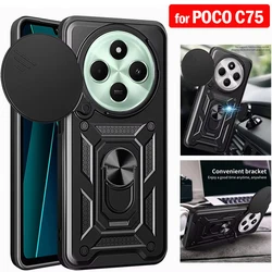 Funda Armor para POCO C75, Funda deslizante para lente de cámara, anillo protector, soporte, Funda protectora para teléfono para Xiaomi POCO C75 Capa