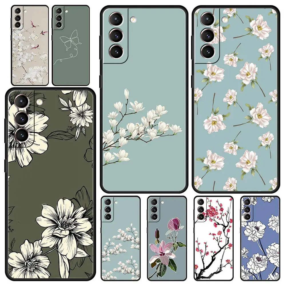 Funda de teléfono de flores para Samsung Galaxy S24, S23 Ultra, S22, S21, S20 FE, 5G, S10, S10E, S9 Plus, S8, silicona suave, cubierta negra, parachoques