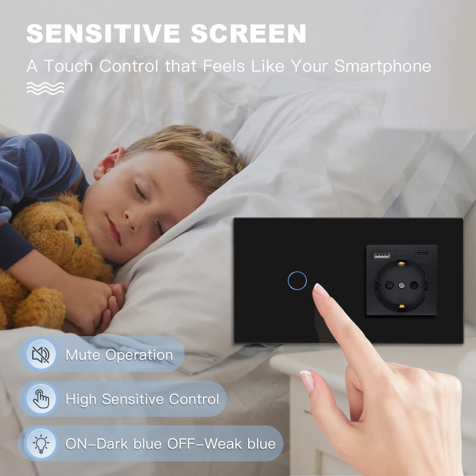 BSEED 1/2/3Gang Interruptor táctil de pared interruptores de luz doble 1Way Plus enchufes USB tipo c Panel de vidrio estándar de la UE retroiluminación azul 10A - imagen 2