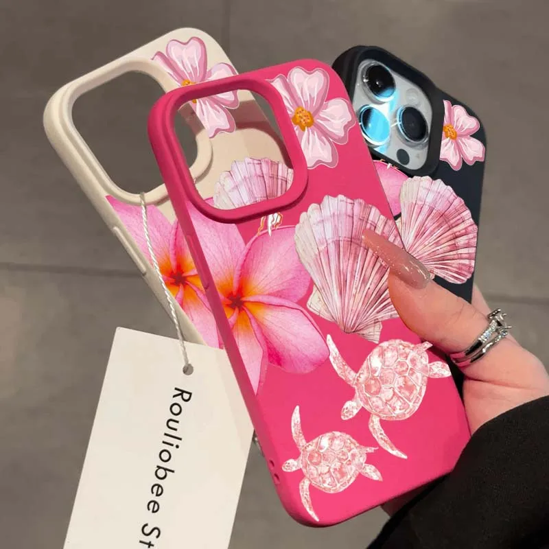 Para iPhone 16 15 14 13 12 11 Pro Max Plus Funda Rosa Tortuga marina Flor hawaiana Patrón de lichi Funda para iPhone XS X XR 16e Funda - imagen 5