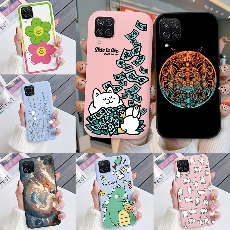 Funda de silicona para Samsung Galaxy A12 5G M12 F12, carcasa con patrón de flores rosas, TPU, dibujo de gato pintado, funda trasera para Samsung A 12