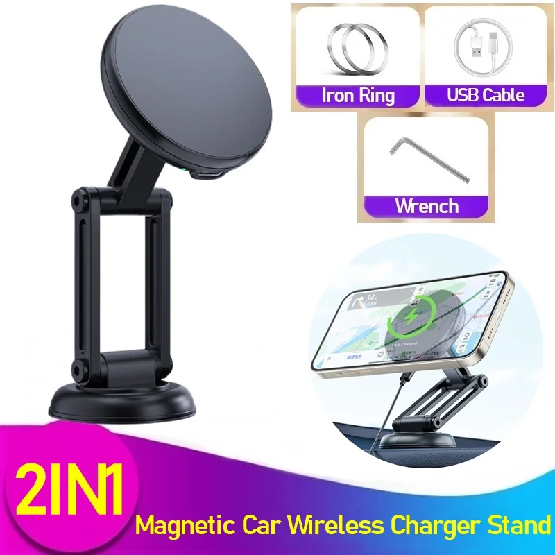 Cargador inalámbrico magnético Para coche, soporte de Metal plegable Para teléfono Iphone 15, 14, 13, 11pro Max, Samsung, 15W - imagen 2