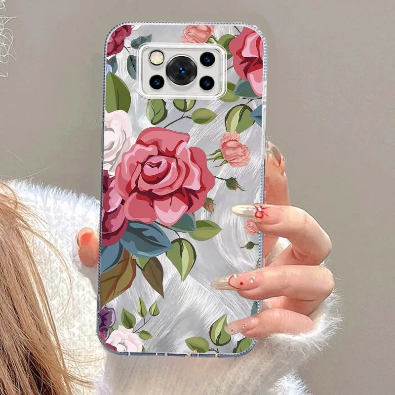 Funda con patrón de rosa para Xiaomi Poco X3 X5 X6 X7 M3 M4 M5S M6 F5 F3 C65 C55 C75 Pro NFC, funda de teléfono con textura de plumas - imagen 2