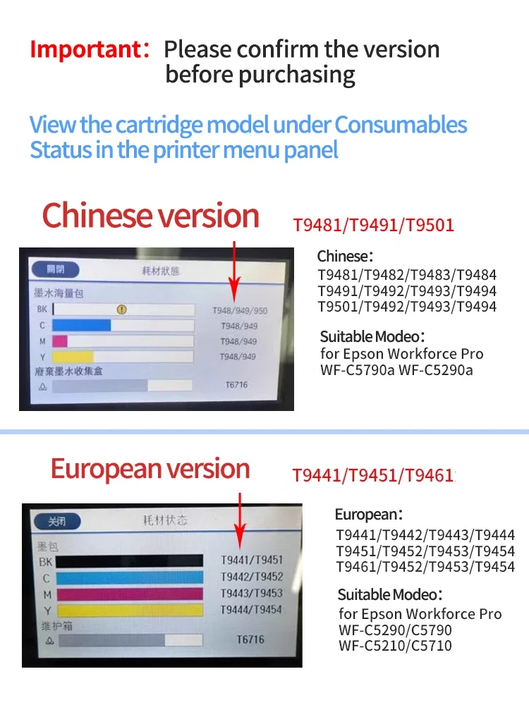 Chip de cartucho de tinta CN T9481, Chip de reinicio automático de arco T9491 para impresoras Epson WF-C5790 WF-C5710 WF-C5290 WF-C5210 en versión china - imagen 2