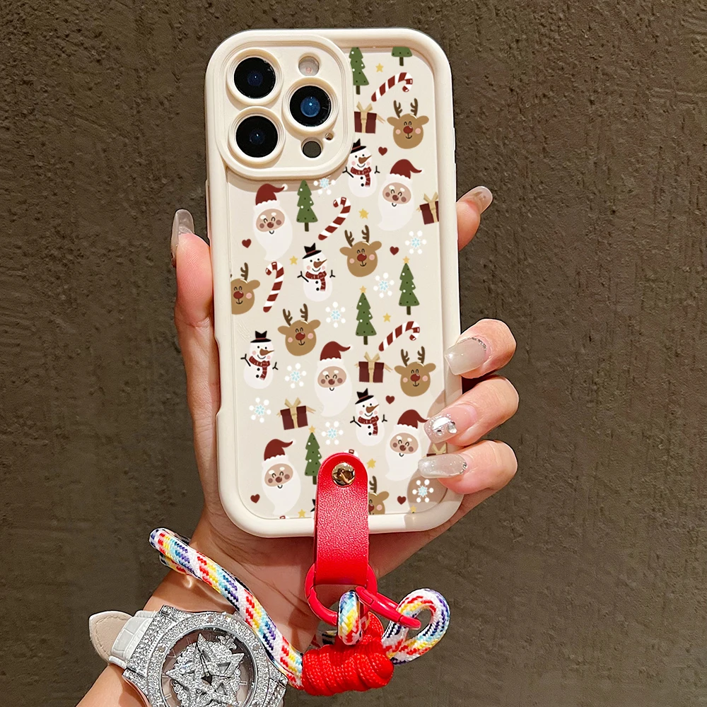 Bonita funda de teléfono con diseño de reno de Papá Noel para iPhone 17 16 15 14 13 12 11 Pro Max XS X XR 7 8 Plus 16E, funda con cordón para correa para la muñeca - imagen 3