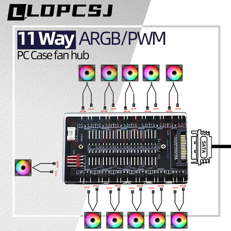 Hub de ventilador multidivisor magnético 2 en 1, 11 vías, 5V, 3 pines, ARGB, 12V, 4 pines, interfaz PWM, alimentación SATA, accesorios de refrigeración para chasis de PC