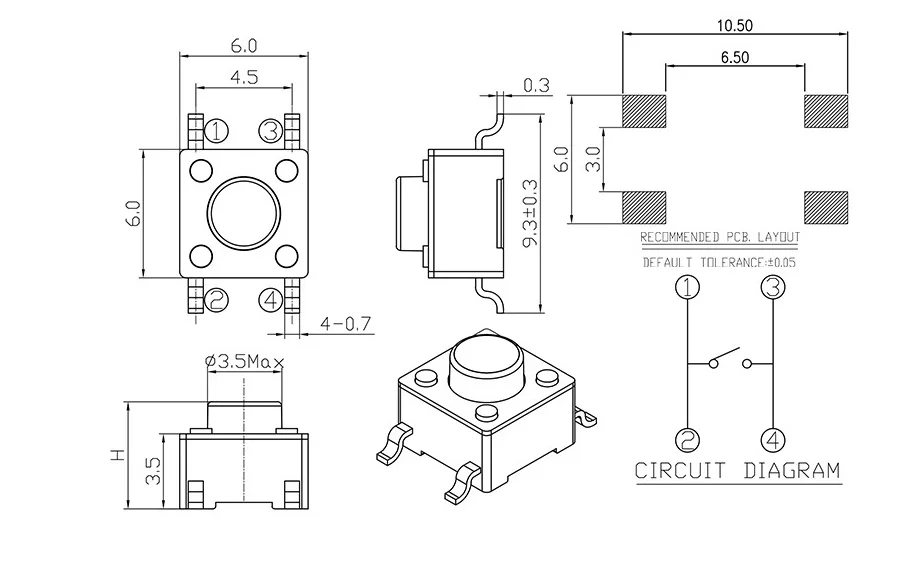 Interruptor SMT 50 Piezas - Conjunto completo de micropulsadores