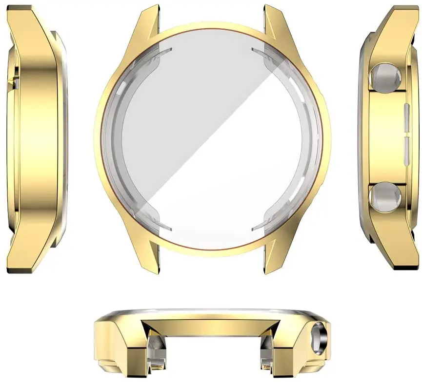 Una cara de reloj con un marco de oro y una cara de vidrio transparente