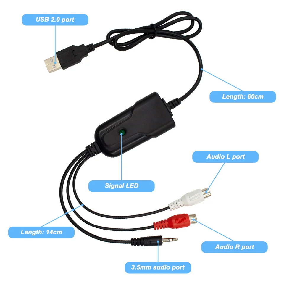 Adaptador de tarjeta de captura de Audio USB2.0 USB 2,0 a L/R 3,5mm tapa fácil editar Cable de Audio a Digital para grabar casete analógico a CD - imagen 2