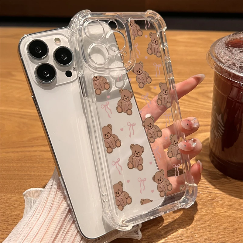 Funda de teléfono transparente con bonito lazo de osito para iPhone 11 12 13 14 15 16 17 Pro Max 17 Air 7 8 Plus X XR XS funda transparente de silicona