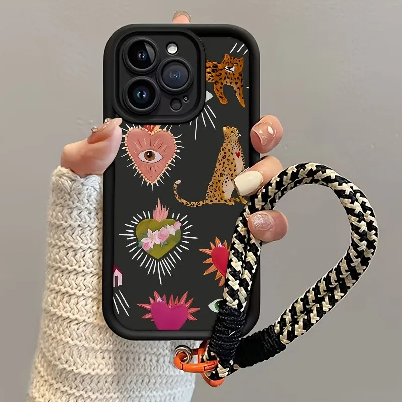 Funda de teléfono con correa colgante y estampado de flores y ojos de leopardo para iPhone 11 12 13 14 15 16 17 Pro Max X XS XR 7 8 Plus 16E 17Air, funda suave - imagen 2