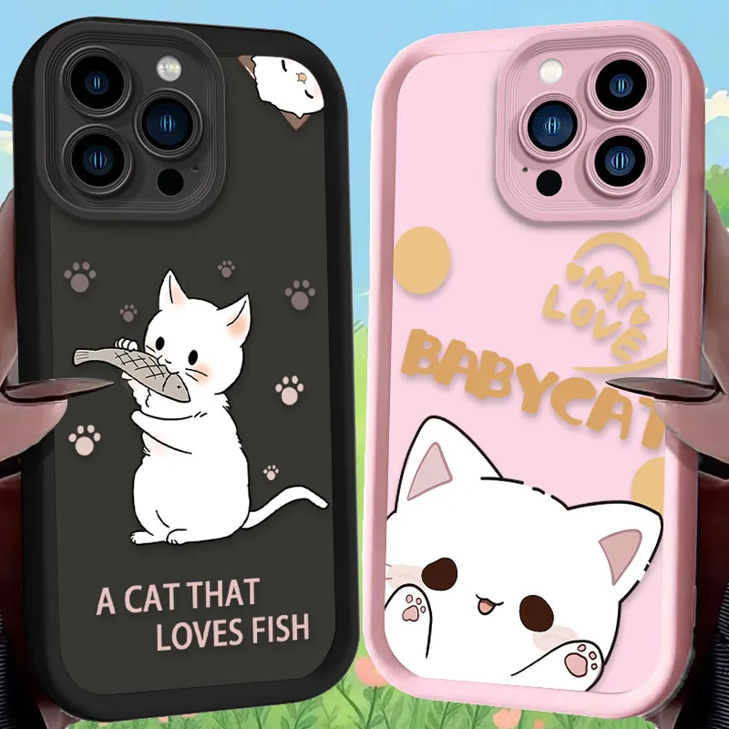 Preciosa funda de teléfono suave de gato bebé blanco para iPhone 16 16E 15 14 13 12 11 Pro Max X XS X S Max XR SE 2020 SE4 7 8 cubierta a prueba de golpes