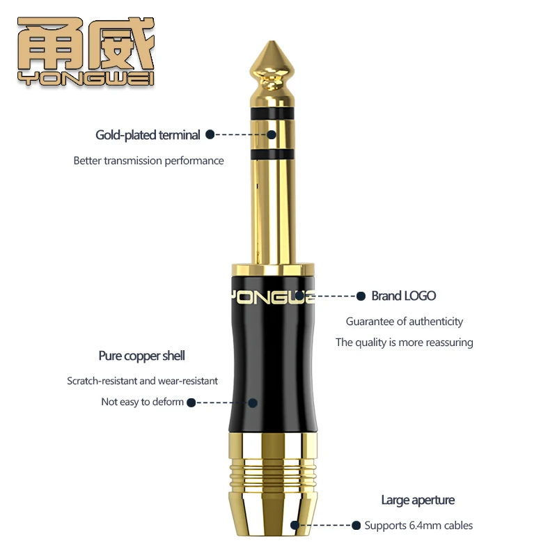 YONGWEI micrófono con enchufe de 6,35mm chapado en oro de cobre puro, guitarra, consola mezcladora electrónica de acero, conexión de audio, enchufe soldado - imagen 3