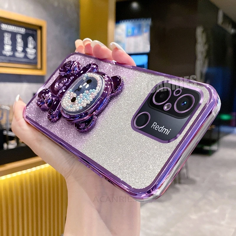 Funda brillante con soporte de oso para Xiaomi, carcasa de silicona con brillo para Redmi 12c, 13c, 12, 10, 4g, 10a, 10c, 9, 9a, 9c, A1, A2 Plus, A3