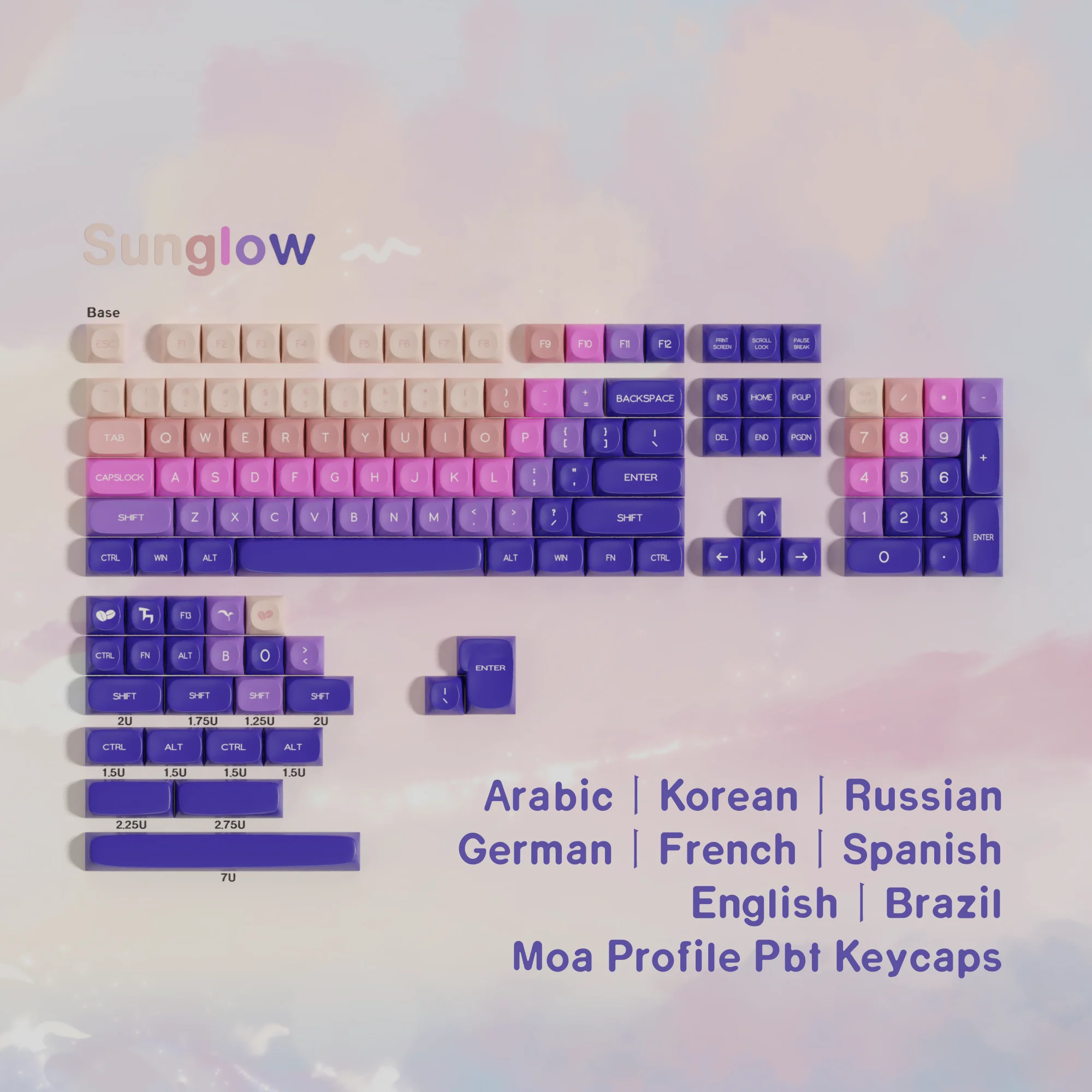 Sunglow-teclas Pbt, perfil Moa, diseño dividido, barras espaciales 7u, alemán, español, coreano, ISO, ANSI, Brasil, árabe, juego grande de teclas