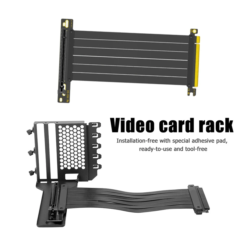 Un estante para tarjetas de video con una tarjeta de video y una almohadilla adhesiva especial