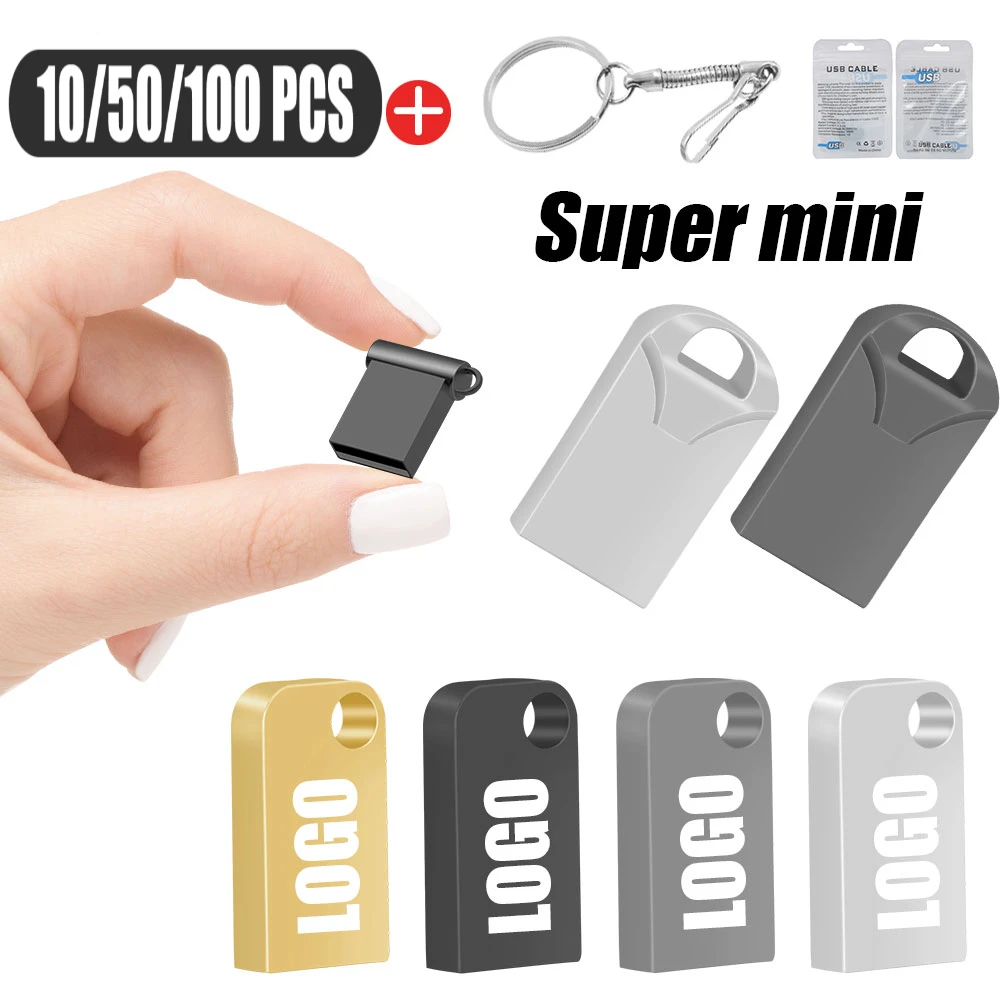 Mini Pendirve 10/50/100 unids/lote 16GB USB2.0 unidad Flash Metal Pen Drive Memory Stick 2GB regalos de empresa disco U con llavero