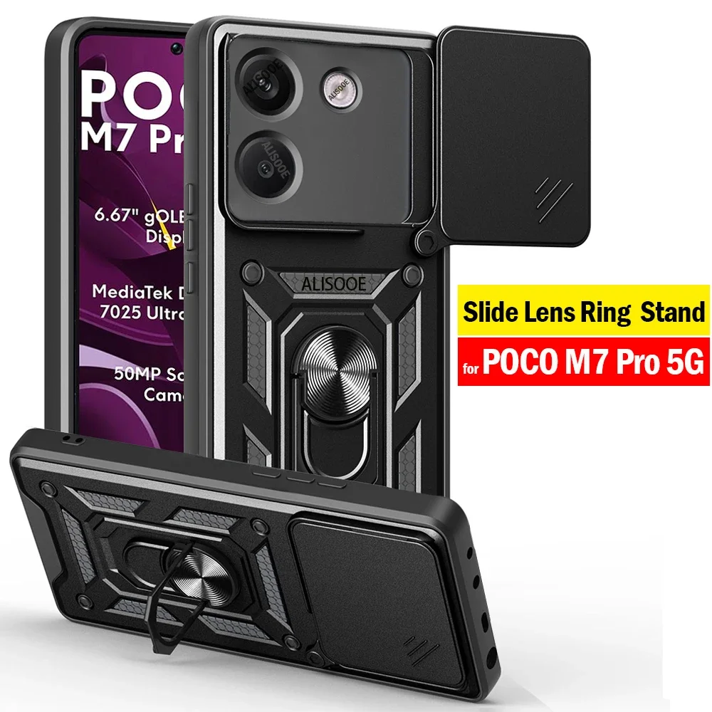Armadura Funda para POCO M7 Pro 5G Funda deslizante Cámara anillo giratorio soporte Funda a prueba de golpes para Xiaomi POCO M7 Pro 5G Capa Funda - imagen 2