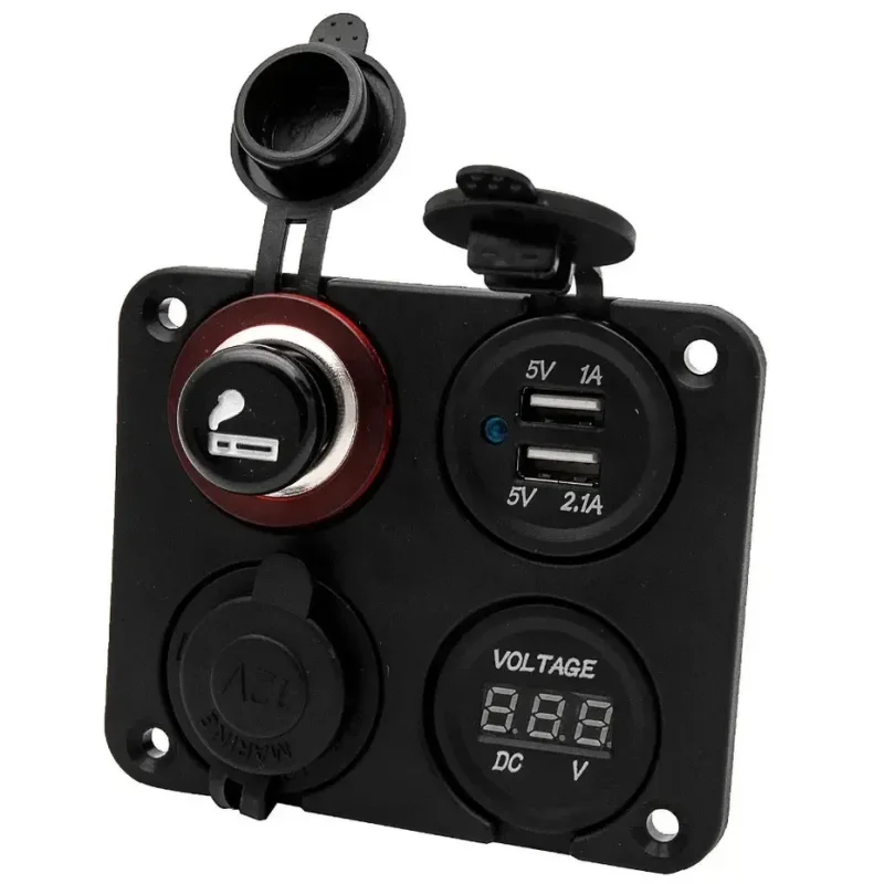 Enchufe para encendedor de cigarrillos de coche 4 en 1 de 12V-24V + cargador USB dual + toma de corriente + pantalla de voltaje adecuado para barcos y coches