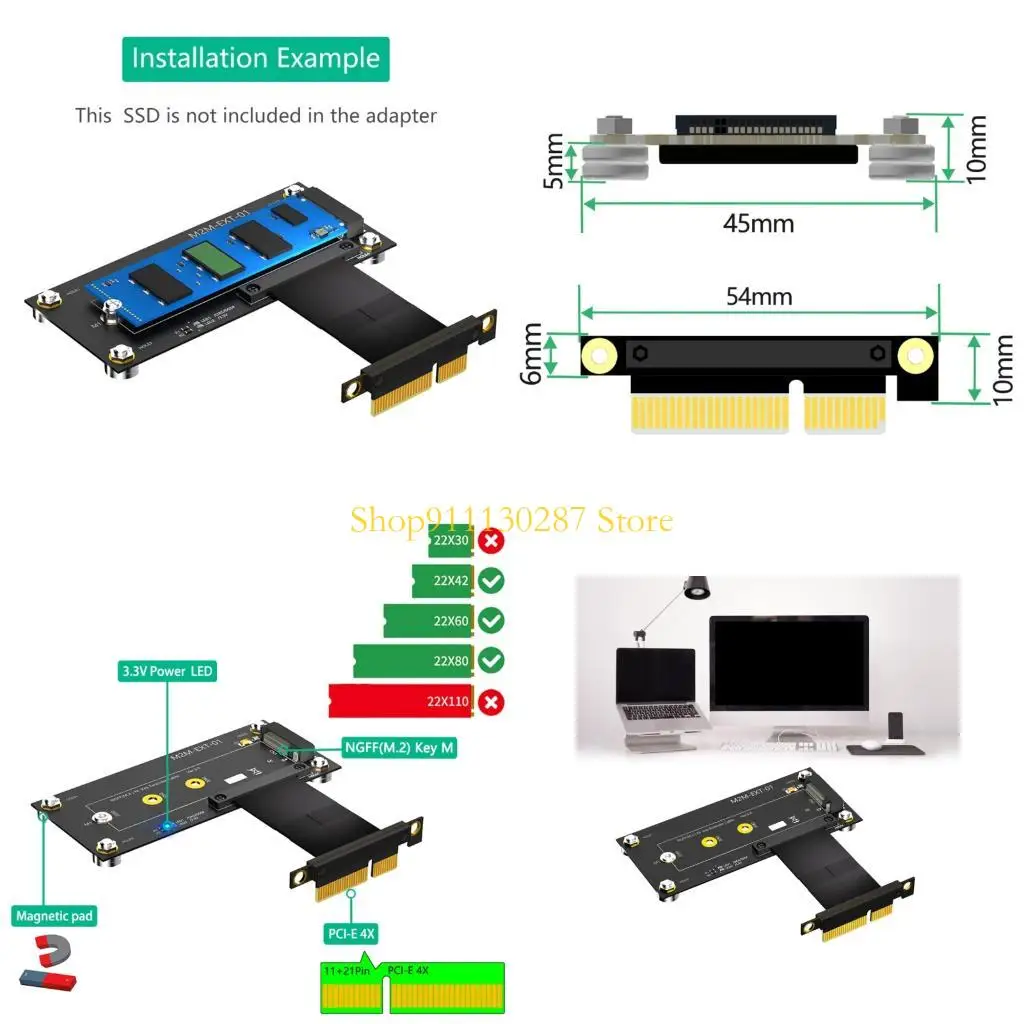 J1HC Velocidad rápida NGFFS M.2 NVME MKEY SSDS A PCIe 4X Extender Cable para 2230 2242 2260 2280 M.2 NVME SSD no pérdida