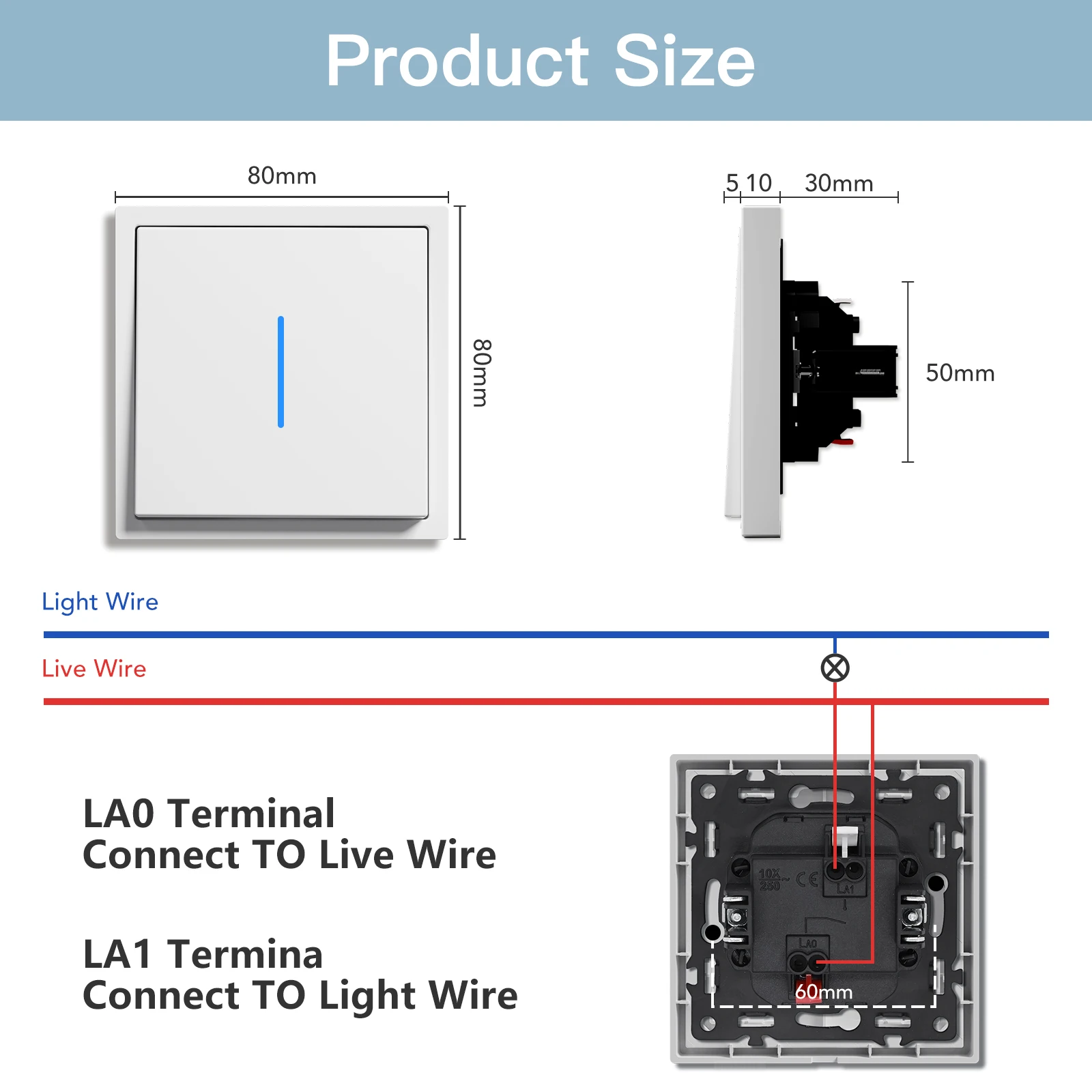 Interruptor de botón mecánico BSEED, 1/2 entradas, 1 vía, interruptor de luz de encendido/apagado, marco de plástico, interruptor de 80x80mm con indicador LED - imagen 5