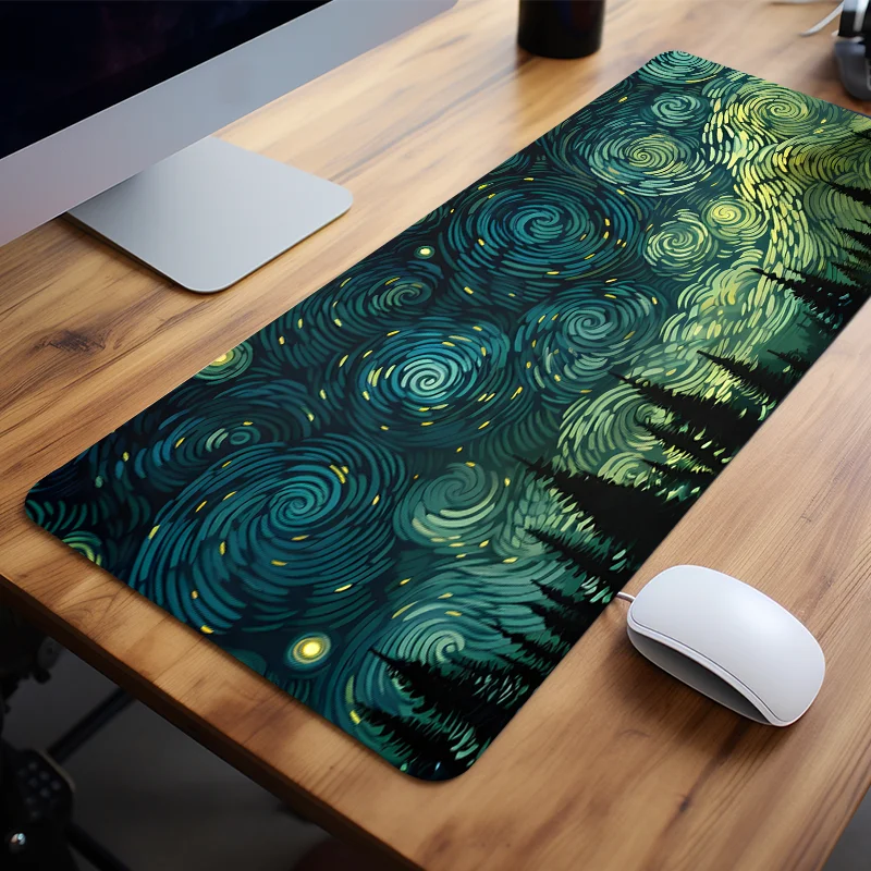 Alfombrilla de ratón para juegos extendida Starry Night Forest, alfombrilla de escritorio grande con base de goma antideslizante con bordes cosidos para el hogar, la oficina y los juegos - imagen 2