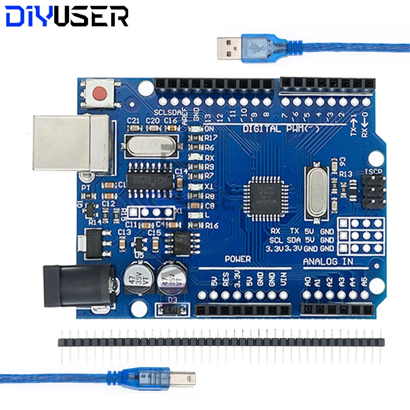 Placa de desarrollo DIYUSER UN0 R3 ATmega328P con cabezal de pines y cable Compatible con proyectos Arduino IDE