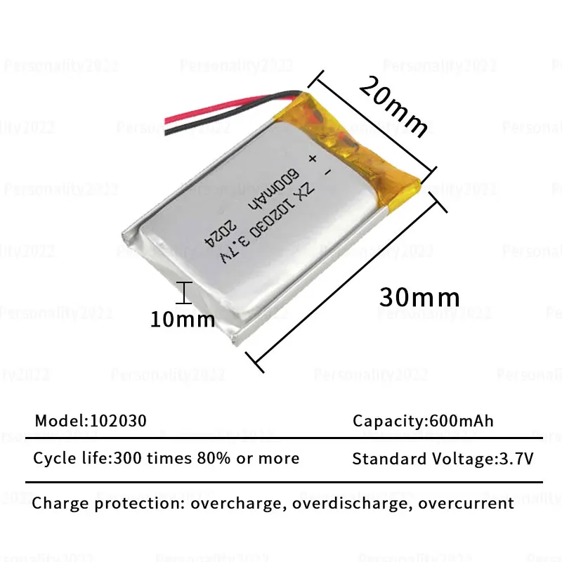 Batería de polímero de iones de litio recargable para instrumentos de belleza, reproductores de Mp3, lectores de pulseras y escáneres, 102030, 600mAh, 3,7 V - imagen 3