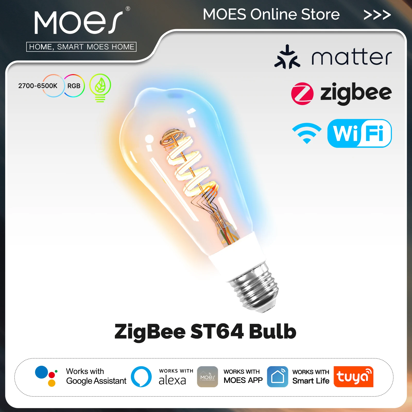 MOES Smart ST64 Edison bombilla LED, Tuya Matter/WiFi/Zigbee, 16 millones de colores RGB, 2700K-6500K, regulable, funciona con Alexa/Google Home