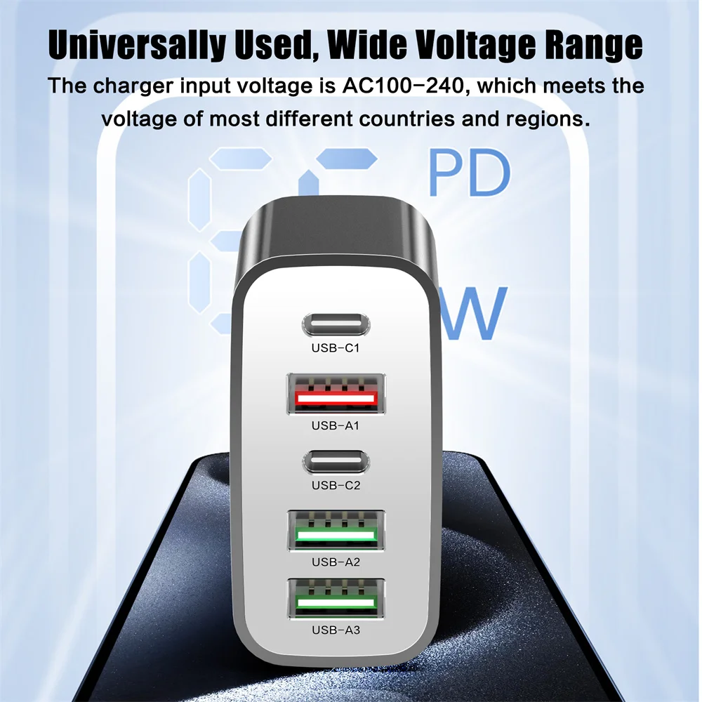 Cargador USB multipuerto de 65W, adaptador de cargador de teléfono tipo C de carga rápida para iPhone, Xiaomi, Samsung, cargador de pared con enchufe UE/EE. UU. de 5 puertos - imagen 3