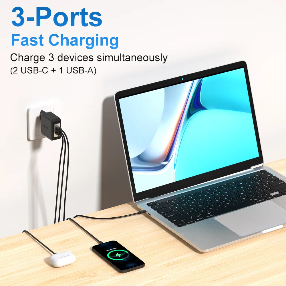 Bloque de cargador USB C (GaN) de 100W, cargador de pared compacto y rápido de 3 puertos para ASUS ROG Flow X13 Z13 GV30 GZ301 G533QM GA401QM GA503QM - imagen 5