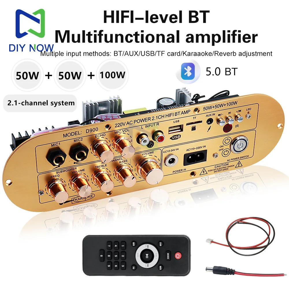 Placa amplificadora D900 con Panel de aleación de aluminio cepillado 50W + 50W + 100W salida de alta potencia compatible con AUX, micrófono, FM, USB, tarjeta TF - imagen 2