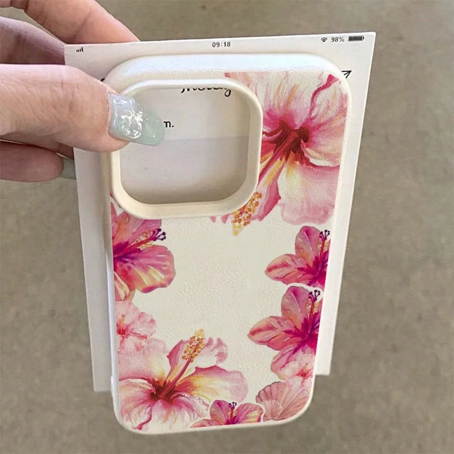 Material de flores acuarela hibisco Lichee patrón funda para iPhone 17 16e fundas iPhone 16 15 14 13 12 11 Pro Max Plus XS X cubierta - imagen 4