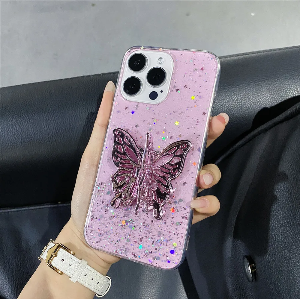 Funda de teléfono con soporte de mariposa y purpurina, carcasa trasera de silicona suave para Samsung S24 Plus S23 FE S22 Note 20 Ultra 10 S21 S20 S10 - imagen 5