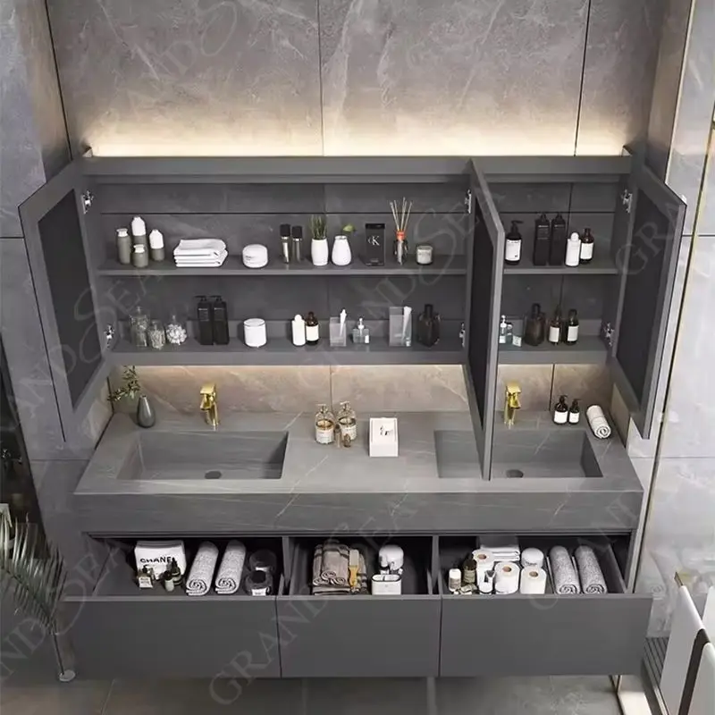 Muebles de baño de lavabo doble listos y vanidades ligeras, mueble de tocador de baño de lujo moderno - imagen 4