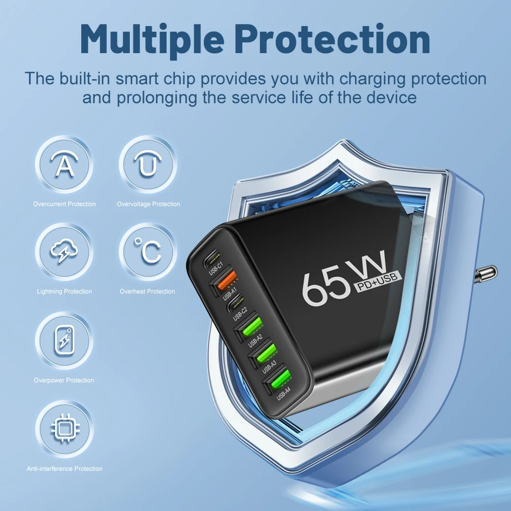 Total 65W 6 en 1 4 USB 2 tipo C cargador de pared rápido de carga rápida para iPhone Samsung Xiaomi Huawei adaptador de teléfono móvil - imagen 4