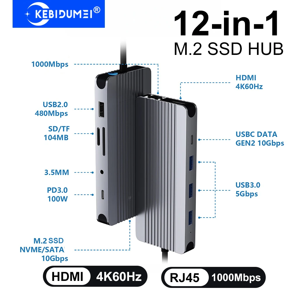 Estación de acoplamiento USB C 12 en 1, concentrador M.2 SSD, concentrador USB C HDMI 4K60Hz/RJ45 1000Mbps/PD100W/USB3.0 5Gbps tipo C Hub para ordenador portátil Macbook