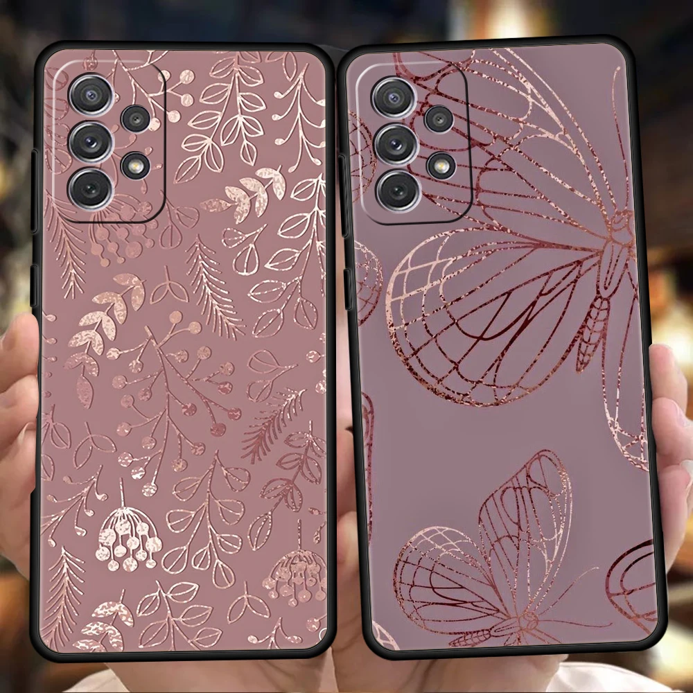 Funda de teléfono para Samsung A15 A13 A35 A55 A51 A71 A41 A31 A03S A05 A17 A23 A25 A33 A53 A73 5G A07 4G, funda de moda dorada y rosa mármol