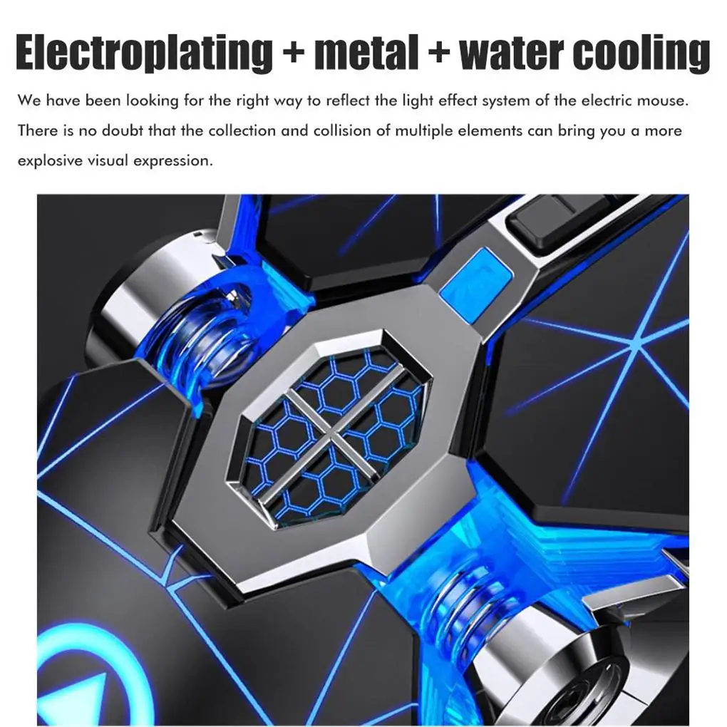 Un mouse de computadora azul y plateado con un sistema de enfriamiento de agua