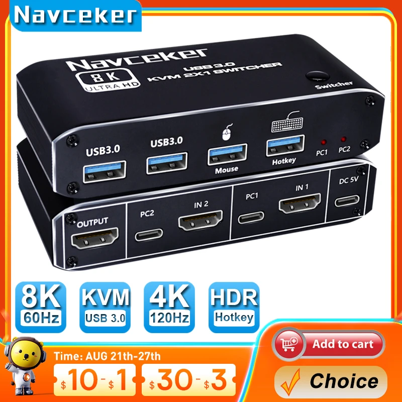 Navceker-conmutador KVM 8K, conmutador compatible con HDMI, 4K, 120Hz, 2 puertos, HD, KVM, USB, para Monitor compartido, teclado y ratón, impresora, PC - imagen 2