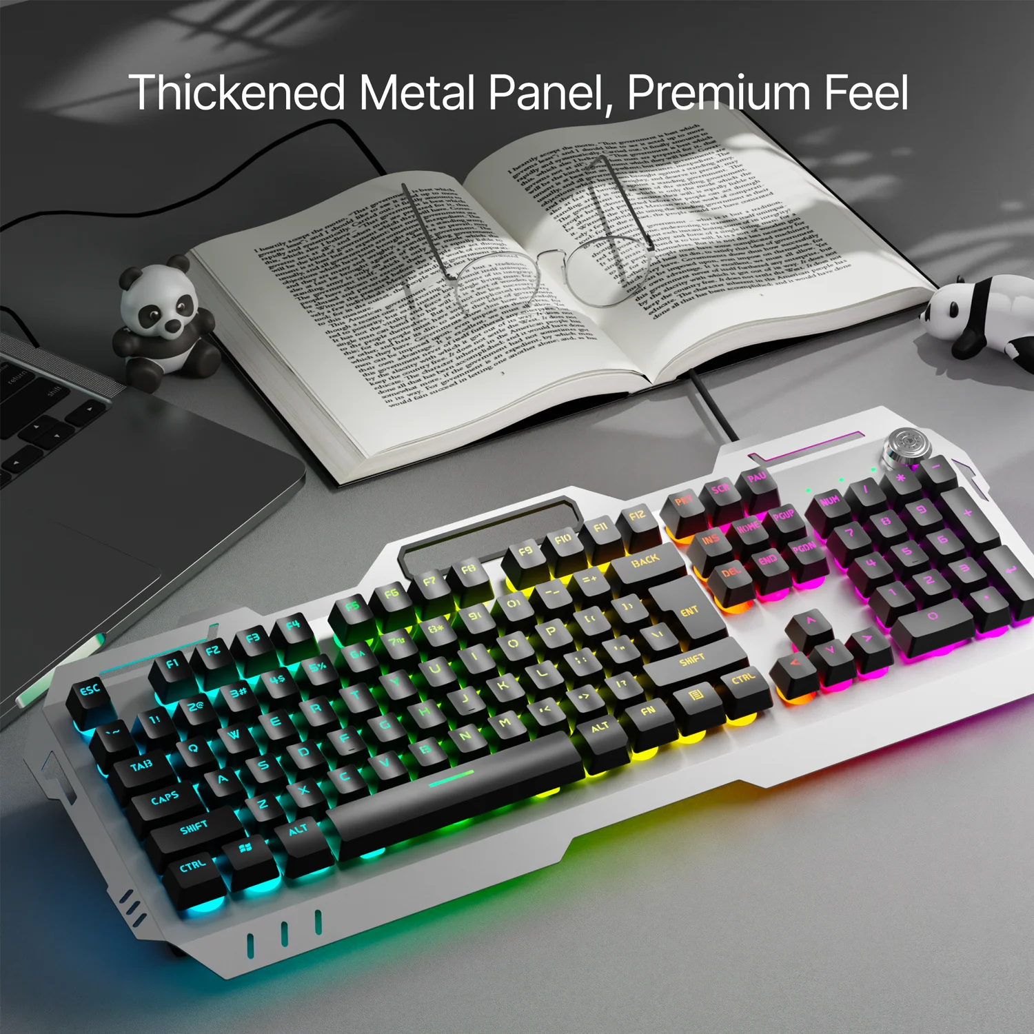 EWEADN Teclado para juegos silencioso, 104 teclas retroiluminadas con LED, panel totalmente metálico con cable USB, perilla multimedia, oficina, hogar, computadora portátil/escritorio - imagen 5