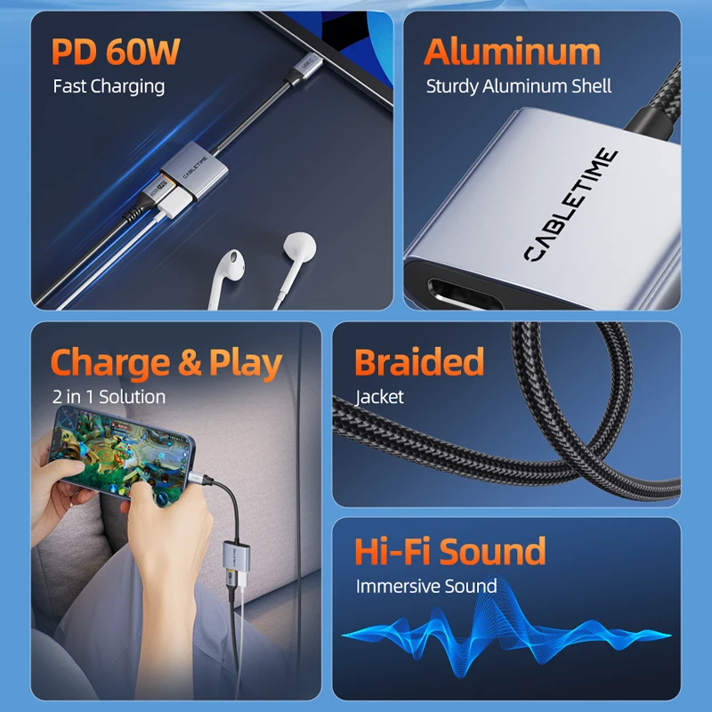 CABLETIME USB C a Dual USB C Adaptador de cargador y auriculares 2 en 1 PD 60W Cargador rápido Adaptador de aluminio Hi-Fi para IPhone HUAWEI - imagen 2