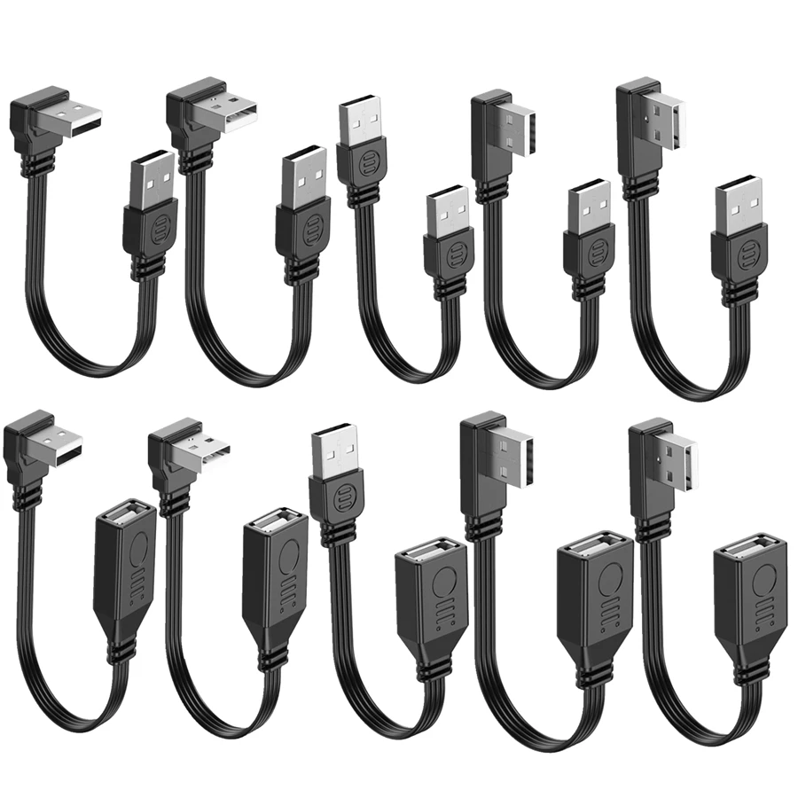 10cm 20cm USB2.0 A macho a hembra 90 adaptador de extensión en ángulo Cable plano USB2.0 macho a hembra Cable derecho izquierdo hacia abajo